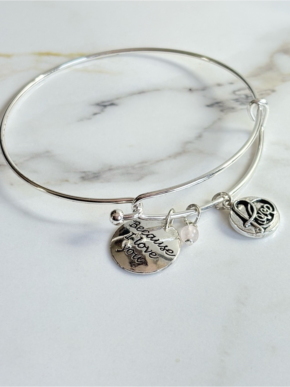 Vintage Style Because I Love You Charm Bangle Bracelet Love Heart Disc | Silver
